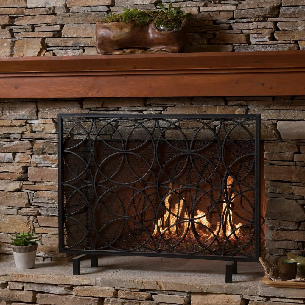 Thayer Single Panel Iron Fireplace Screen with Geometric Design
