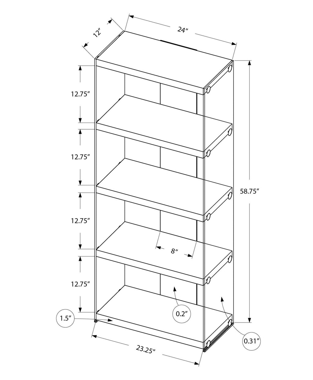 5-Tier White Bookcase with Clear Tempered Glass