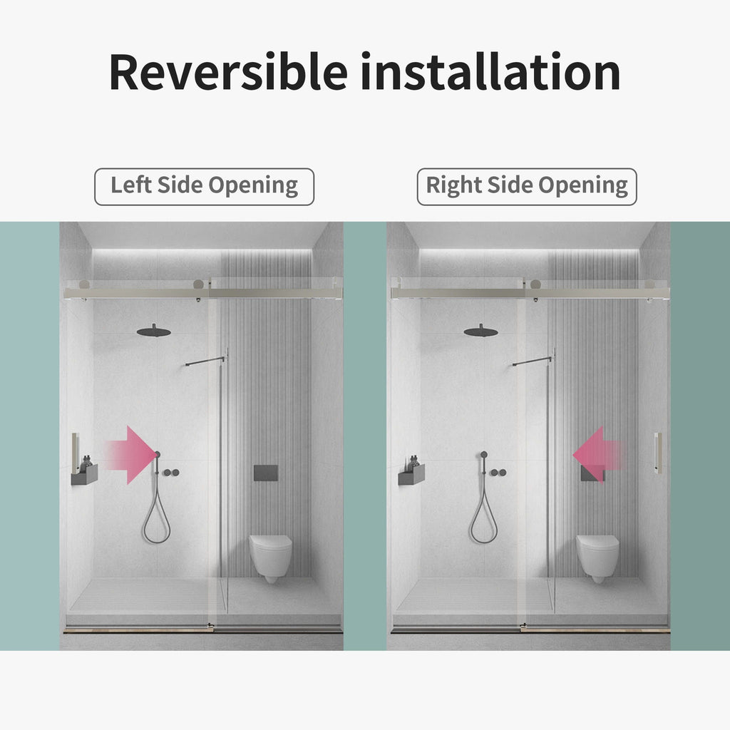 Frameless Single Sliding Soft Close Shower Doors, 3 / 8" Tempered Glass Reversible Installatio