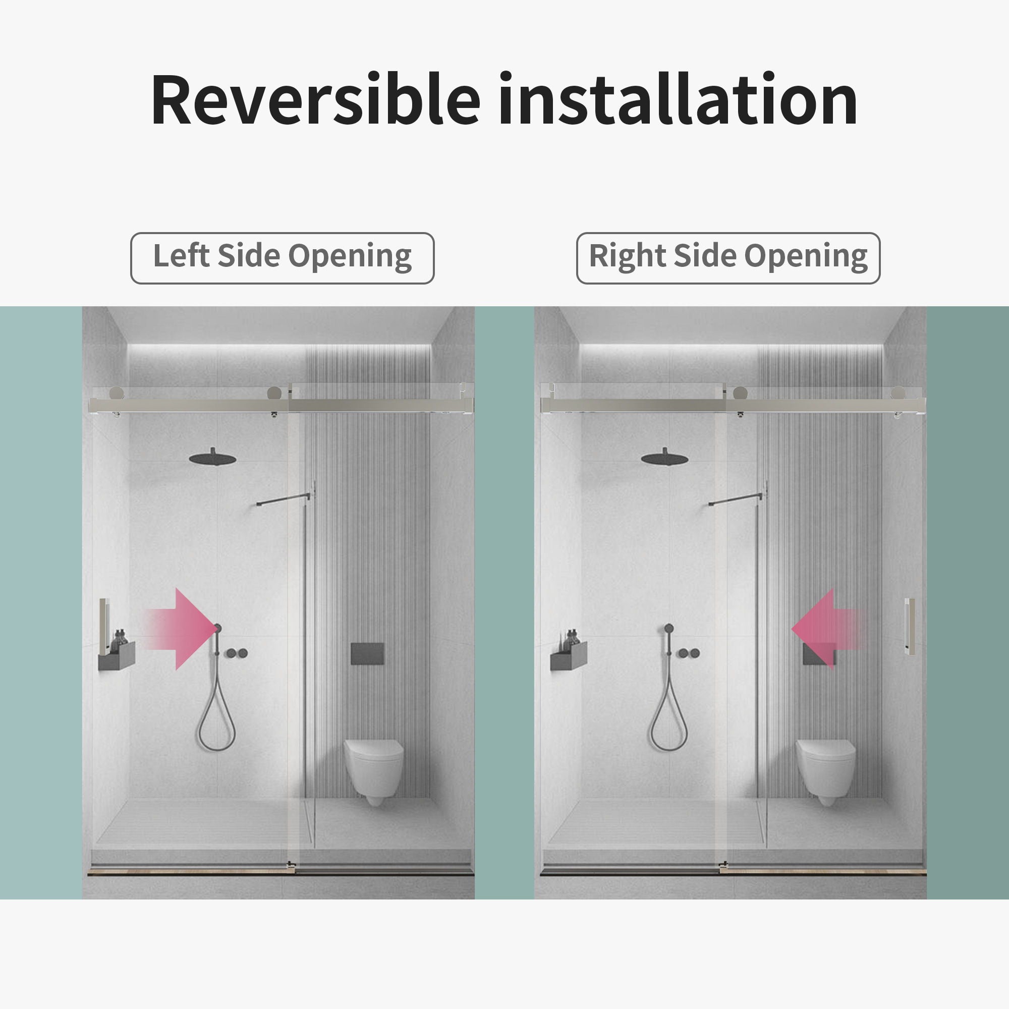 Frameless Single Sliding Soft Close Shower Doors, 3 / 8" Tempered Glass Reversible Installatio