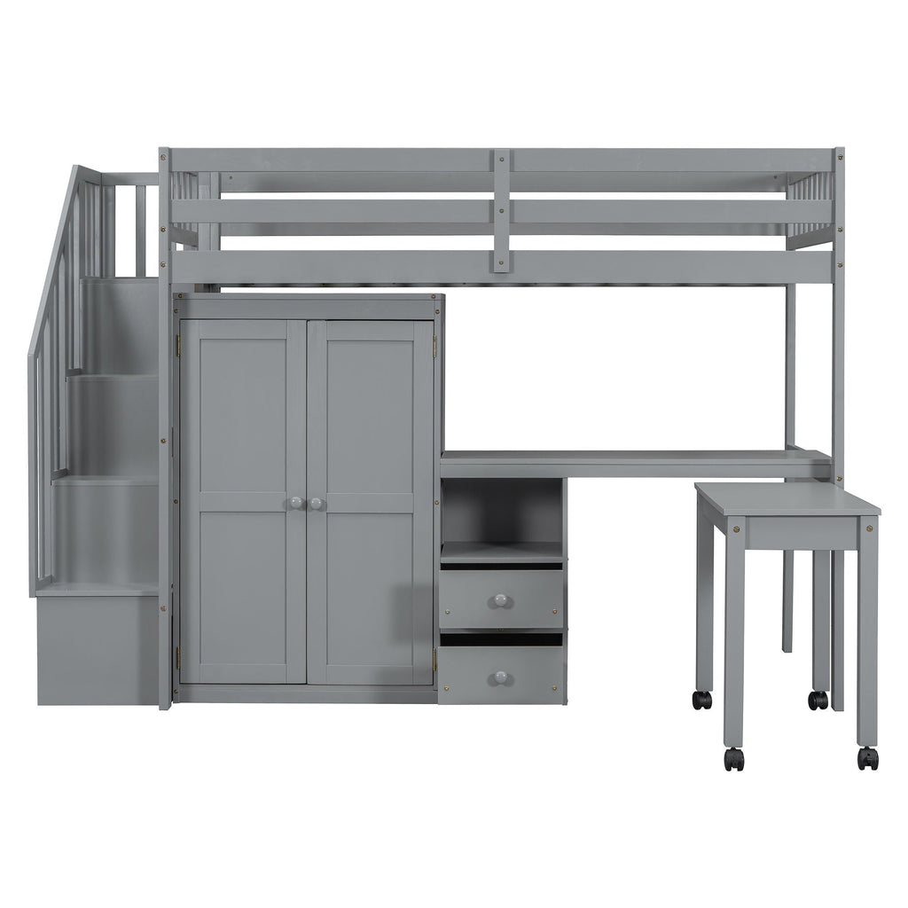 Loft Bed With Stairs, Bookshelf, Drawers, Desk & Wardrobe, Space Saving Multifunctional Furniture