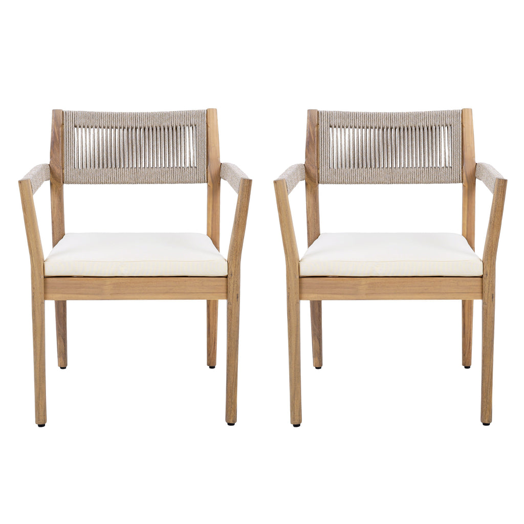 Braided Acacia Wood Outdoor Dining Chairs Set of 2 – Teak Look with Beige Rope & Cream Cushions