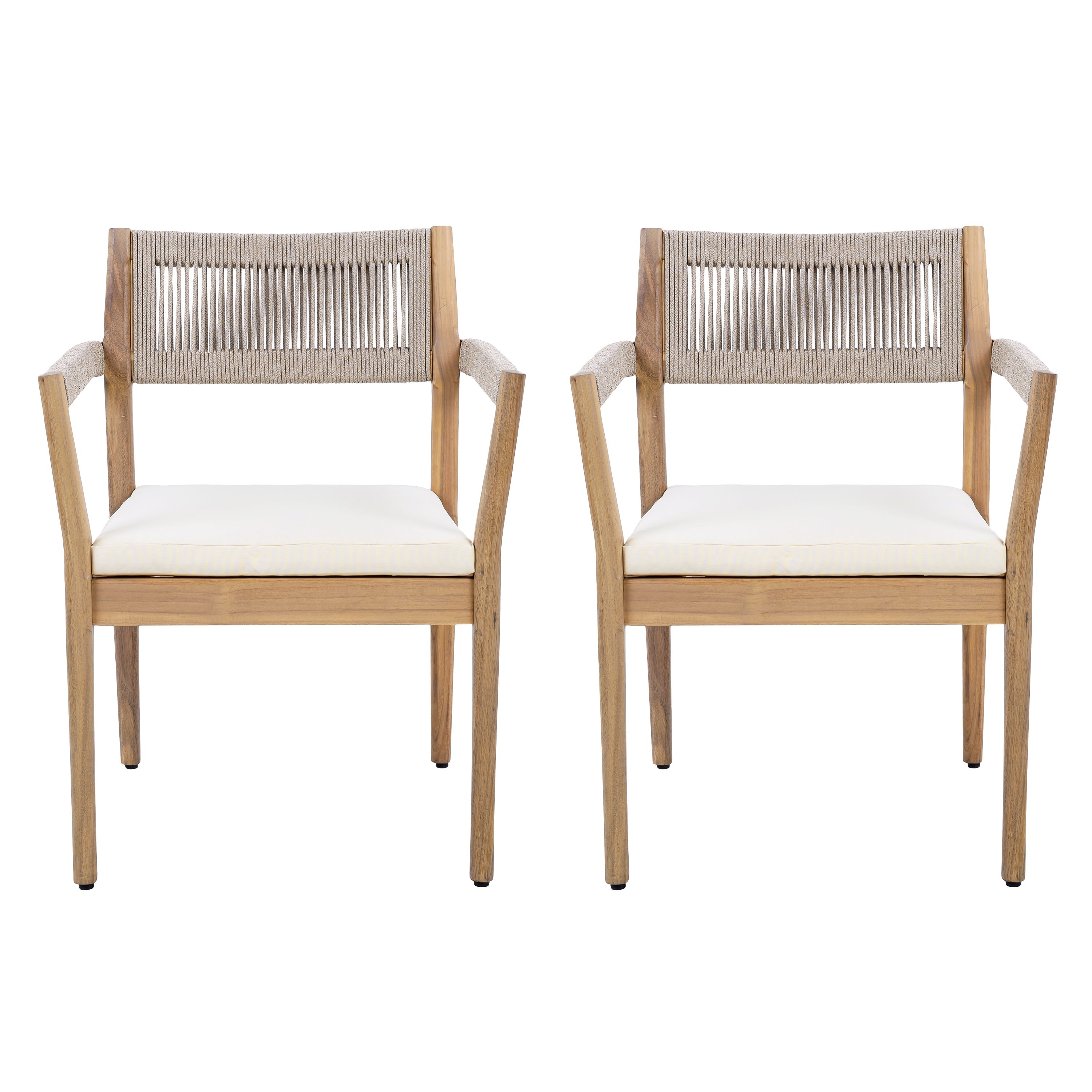 Braided Acacia Wood Outdoor Dining Chairs Set of 2 – Teak Look with Beige Rope & Cream Cushions