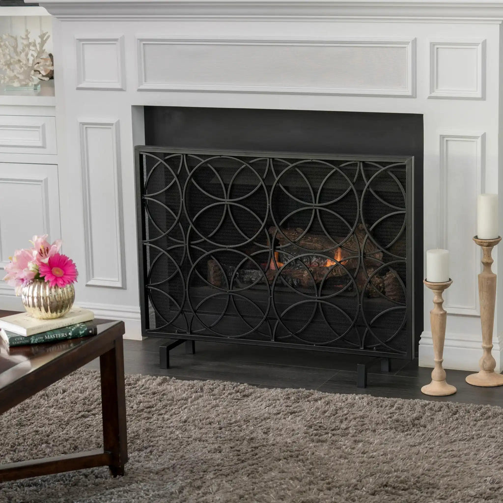 Thayer Single Panel Iron Fireplace Screen with Geometric Design