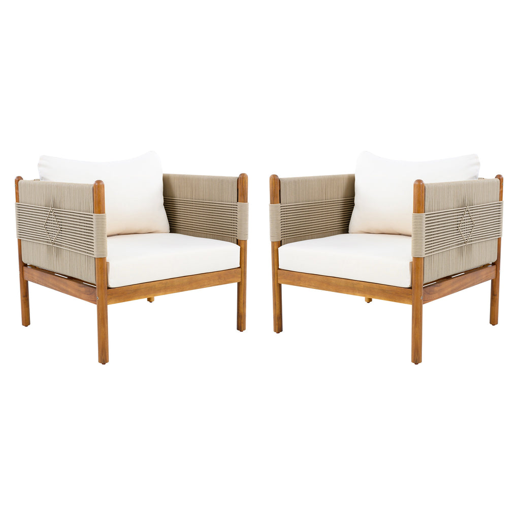 Outdoor Club Chairs (Set of 2) with Diamond-Pattern Beige Rope, Teak Finish