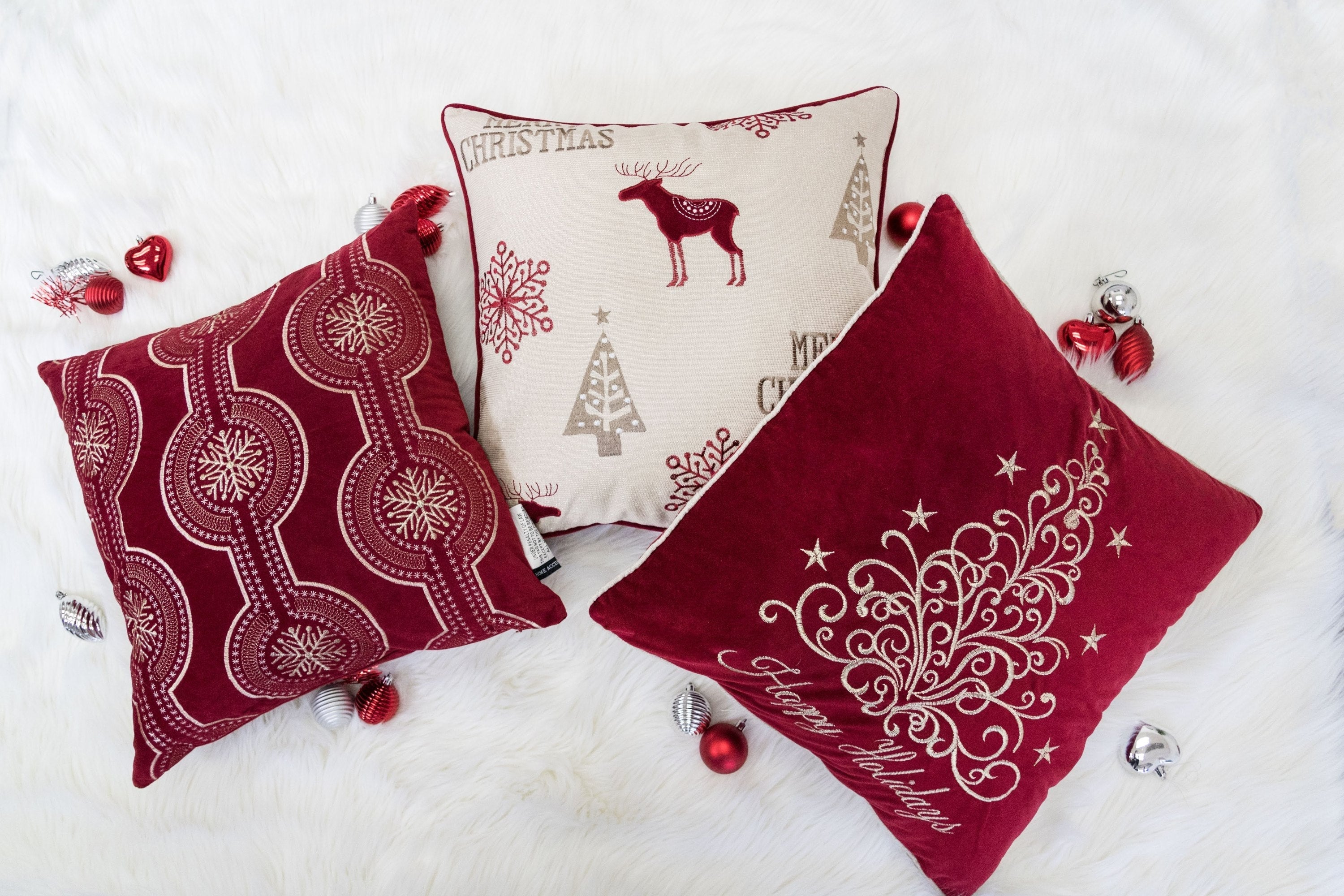 Red Velvet Holiday Pillow with Gold Embroidery