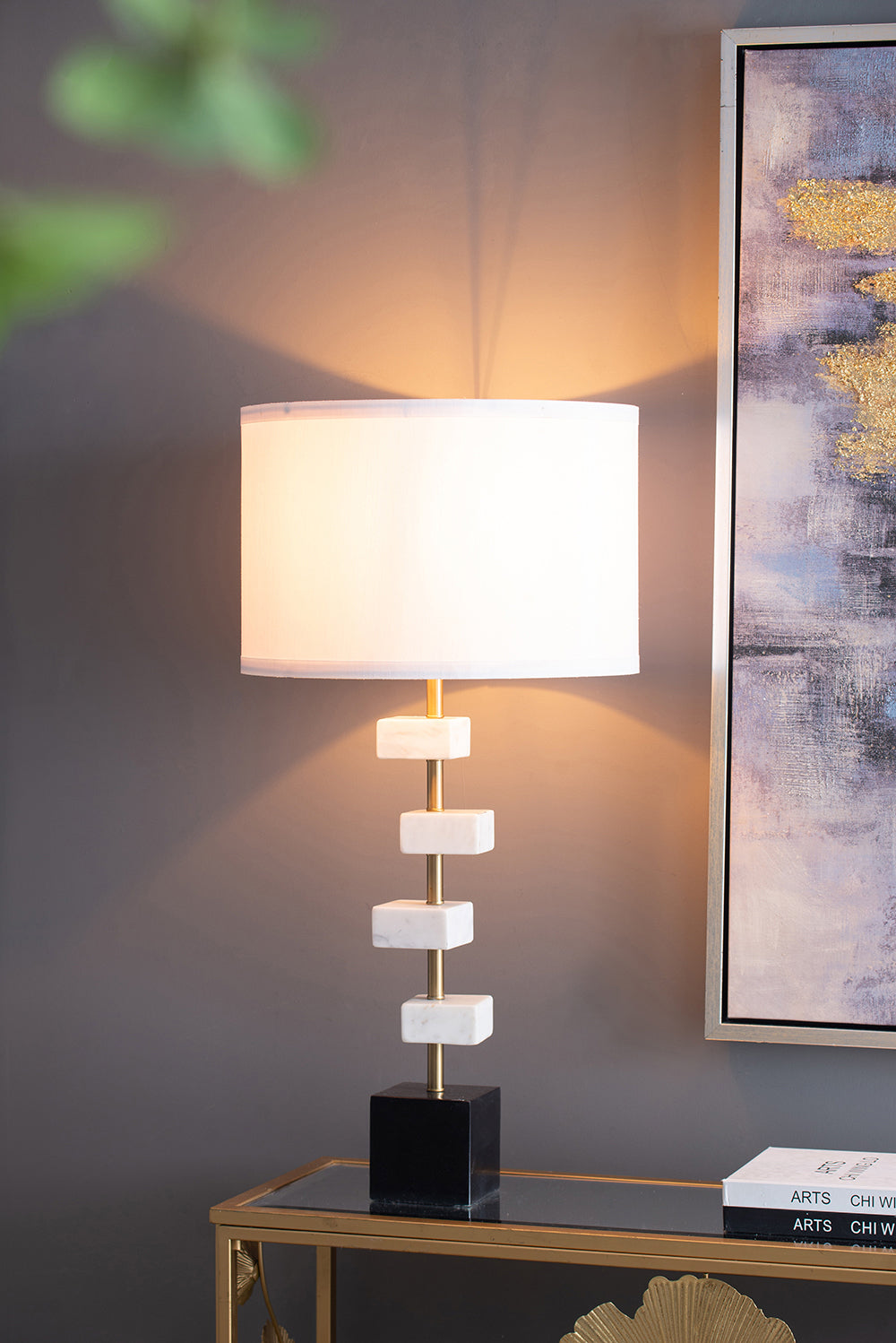 D15x30' Table Lamp with White Marble and Brass Frame