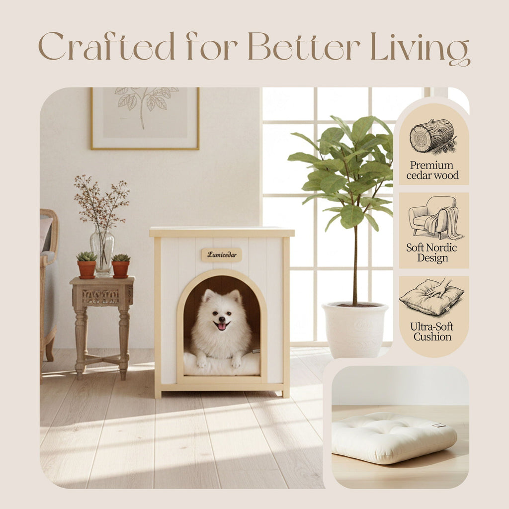 Indoor Dog House With Removable Cushion, Pet House For Cats & Small Dogs - Cream White / Light Yellow