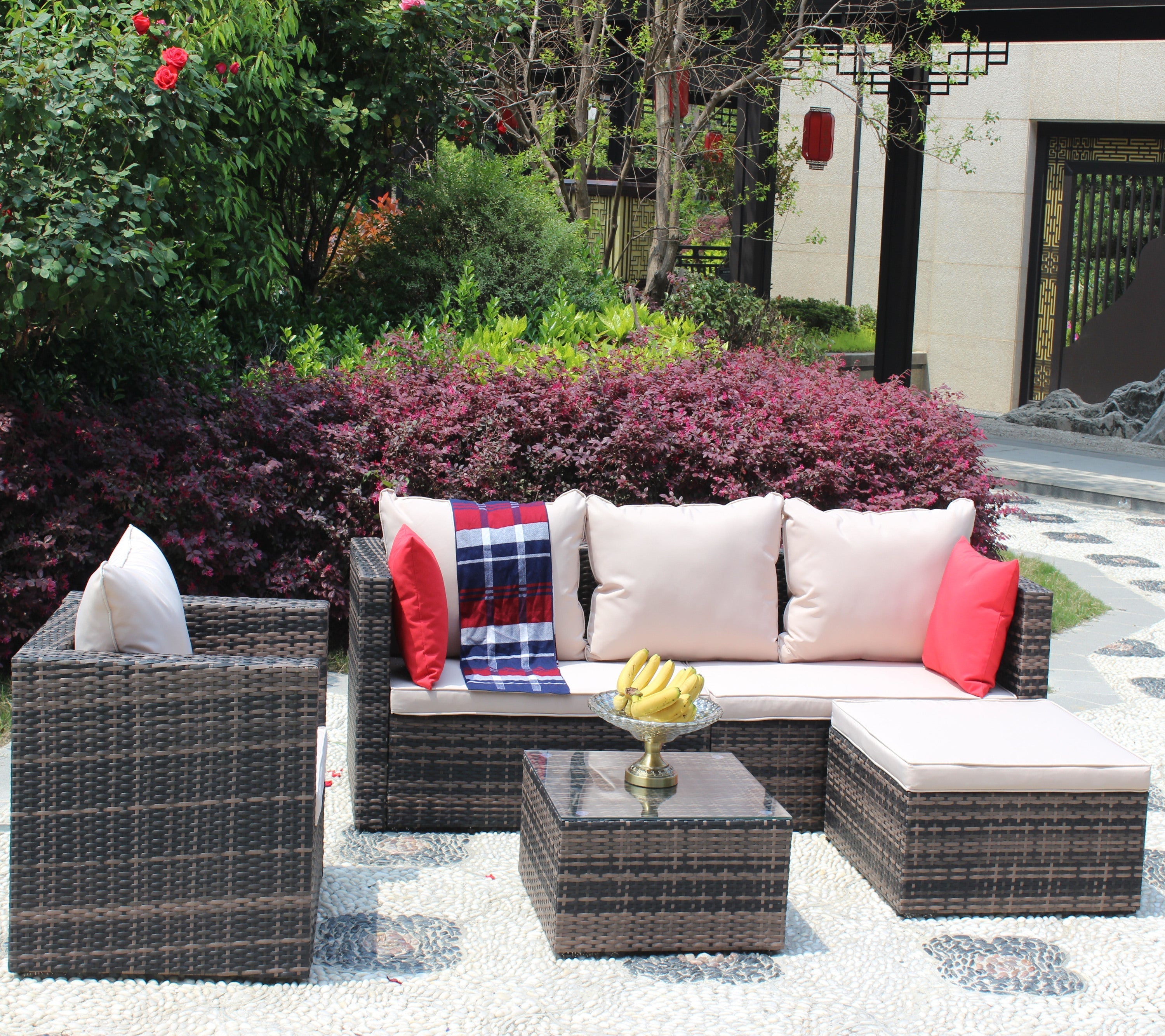 Rattan Patio Furniture Set Wicker Sofa Cushioned Sectional (4 Pieces, Brown)