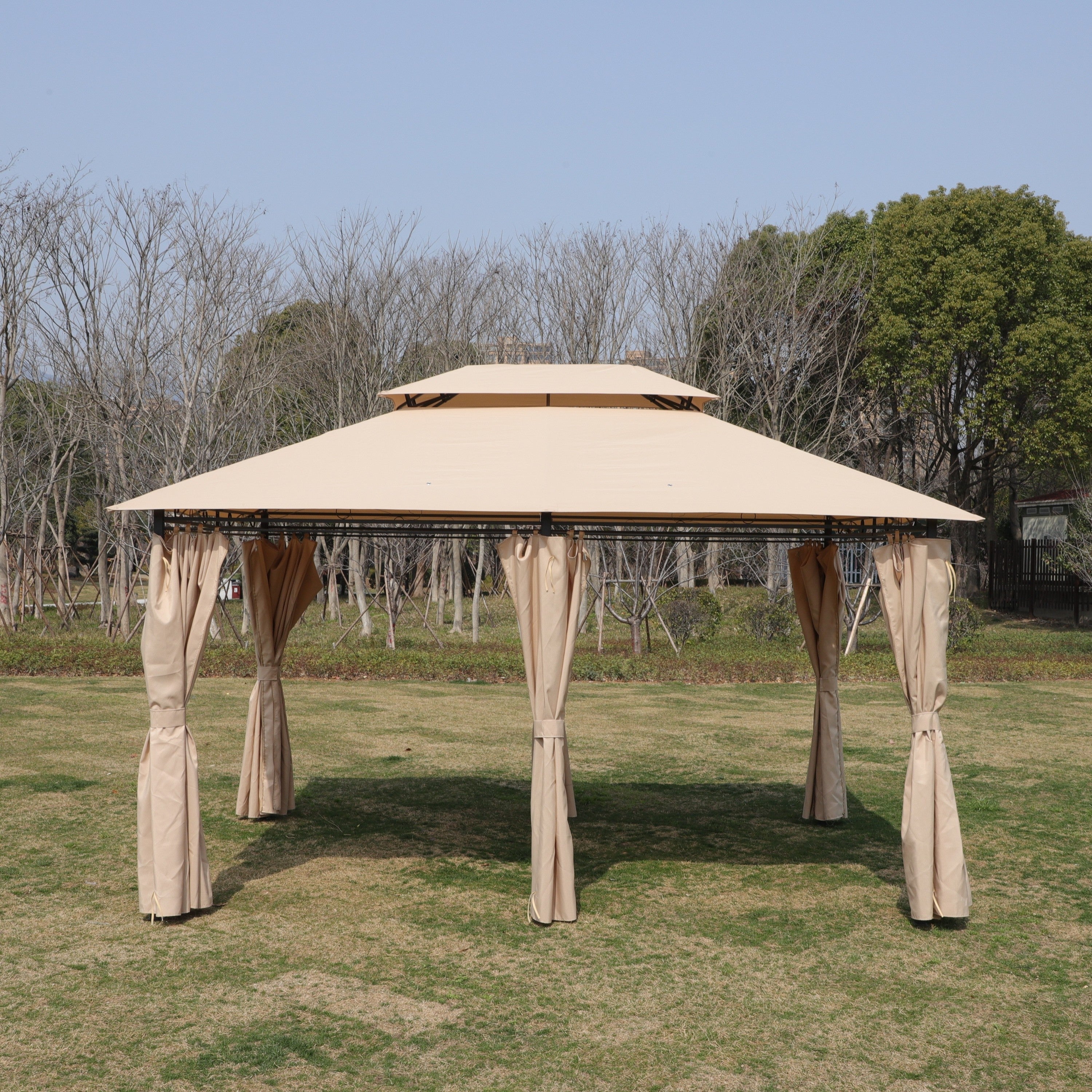 Khaki Outdoor Patio Gazebo Canopy Tent with Ventilated Double Roof