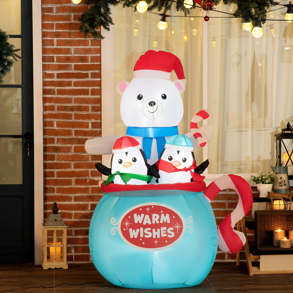 Outsunny 5ft Christmas Inflatable Outdoor Decoration Blessed Polar Bear and Penguins in the Cup