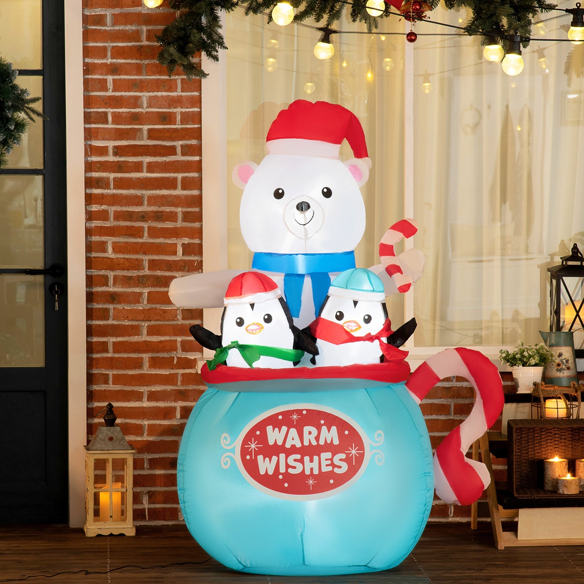 Outsunny 5ft Christmas Inflatable Outdoor Decoration Blessed Polar Bear and Penguins in the Cup