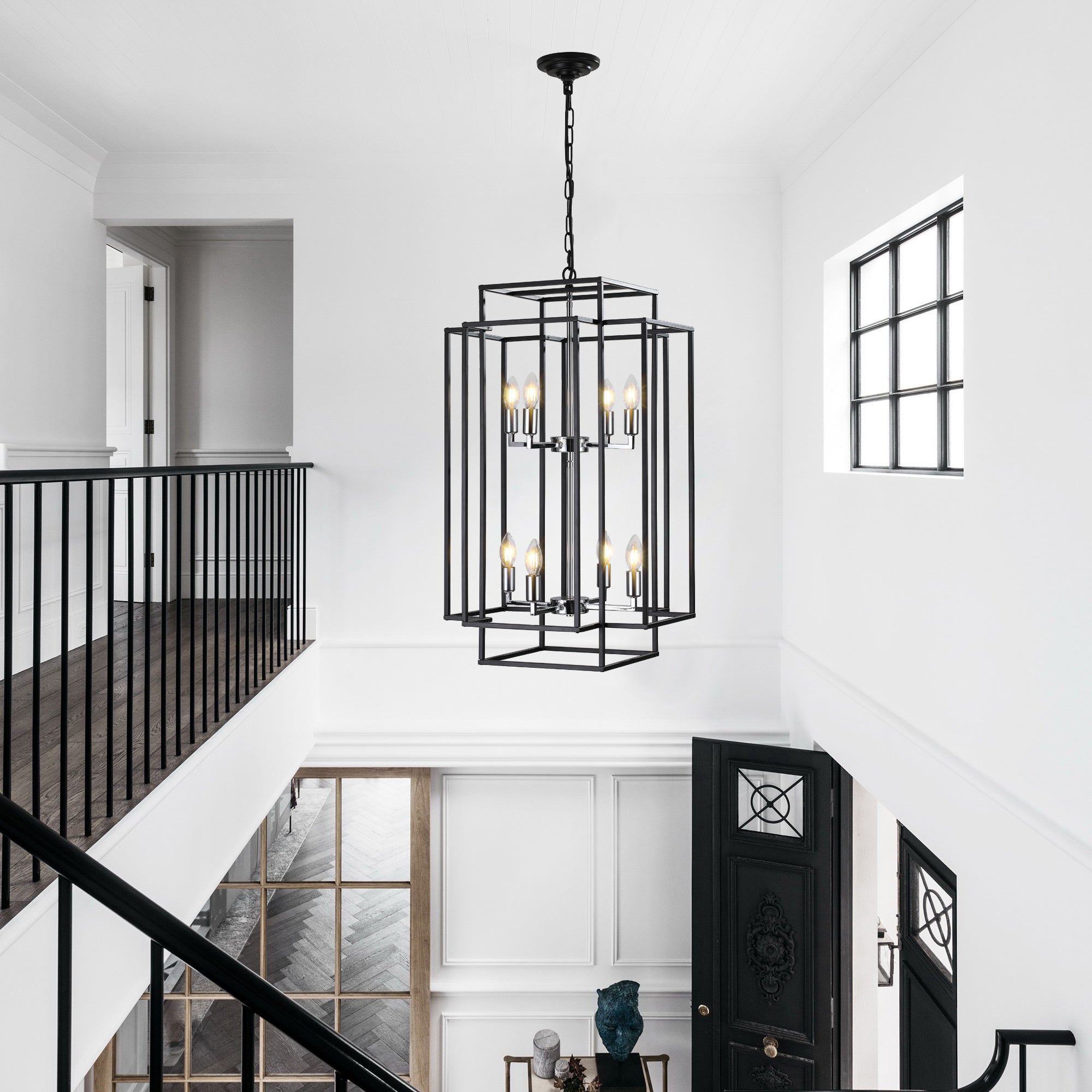 18' Modern 8-Light Black & Chrome Geometric Pendant Chandelier