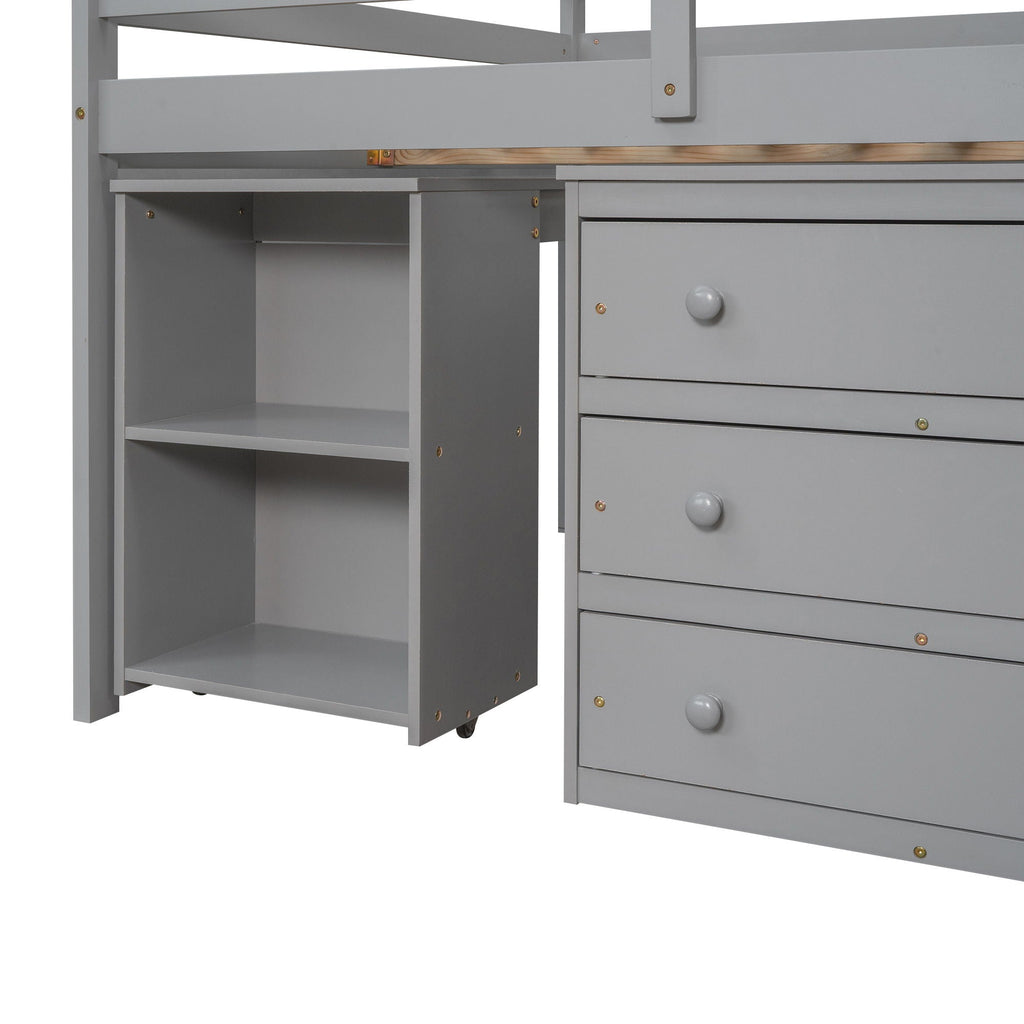 Loft Low Study Bed With Cabinet, Shelves And Rolling Portable Desk, Multiple Functions