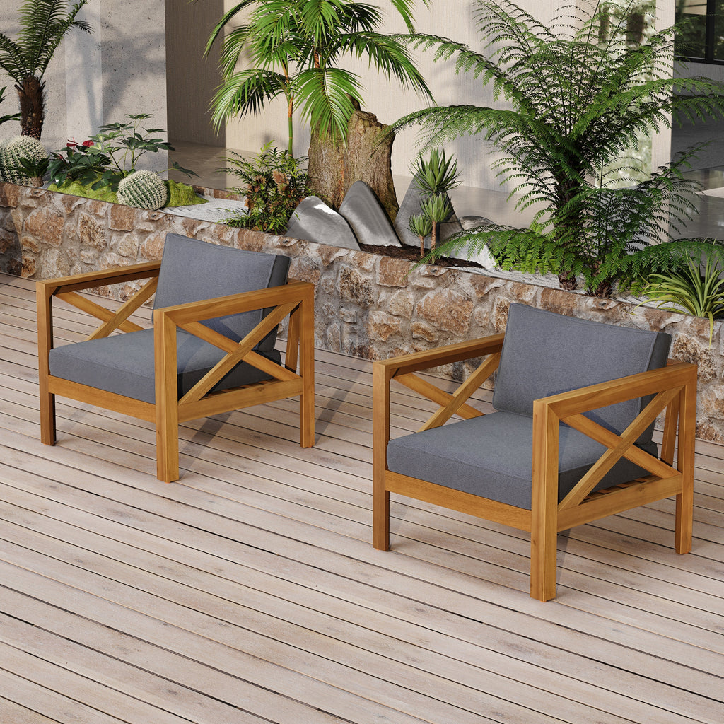 Patio Conversation Set with Foldable Acacia Wood Table and Cushioned Armchairs