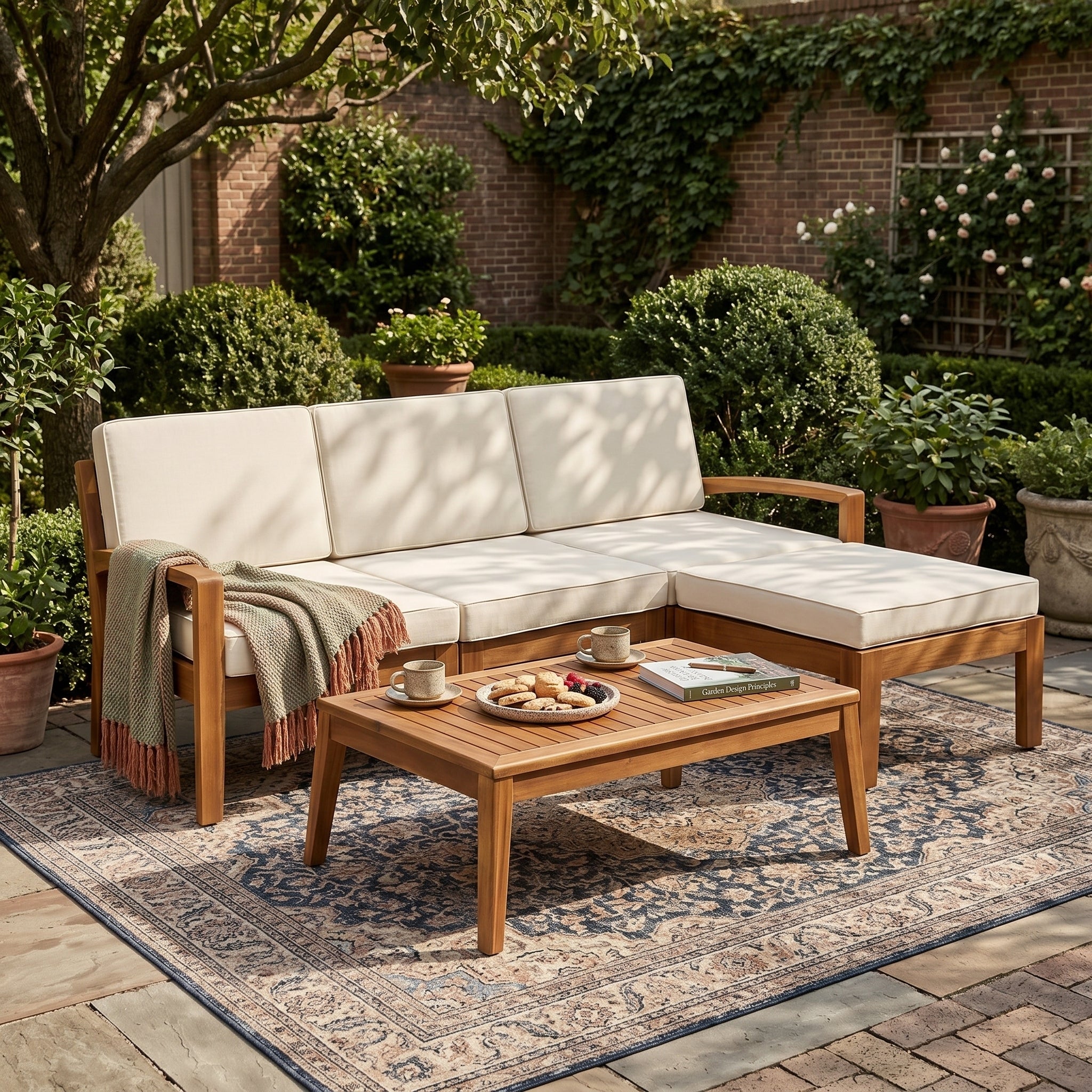 Outdoor L Shape 3pcs Acacia Wood Patio Sofa Set