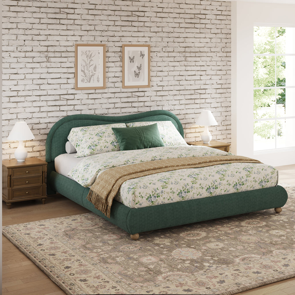King Size Upholstered Platform Bed Frame with Rounded Corners