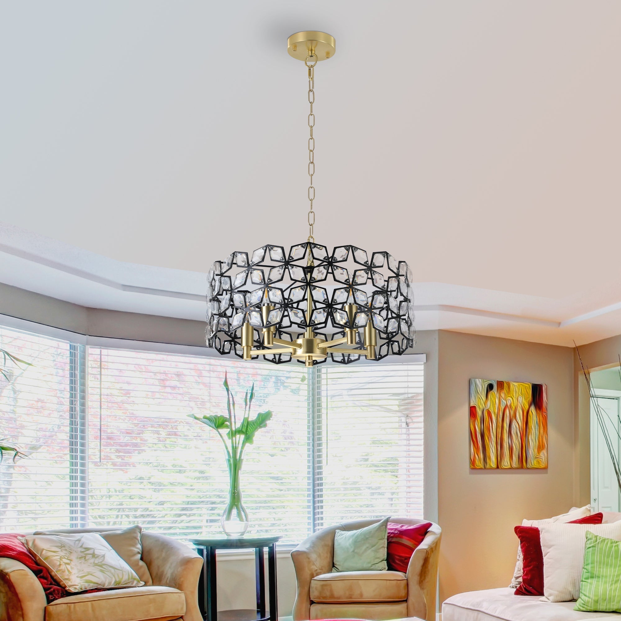 19" Geometric Crystal and Black Gold Round Pendant Chandelier
