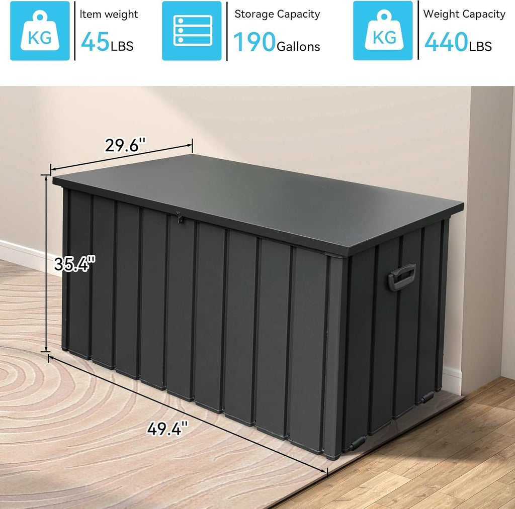 190 Gallon Metal Deck Box, Waterproof Steel Outdoor Storage Bench