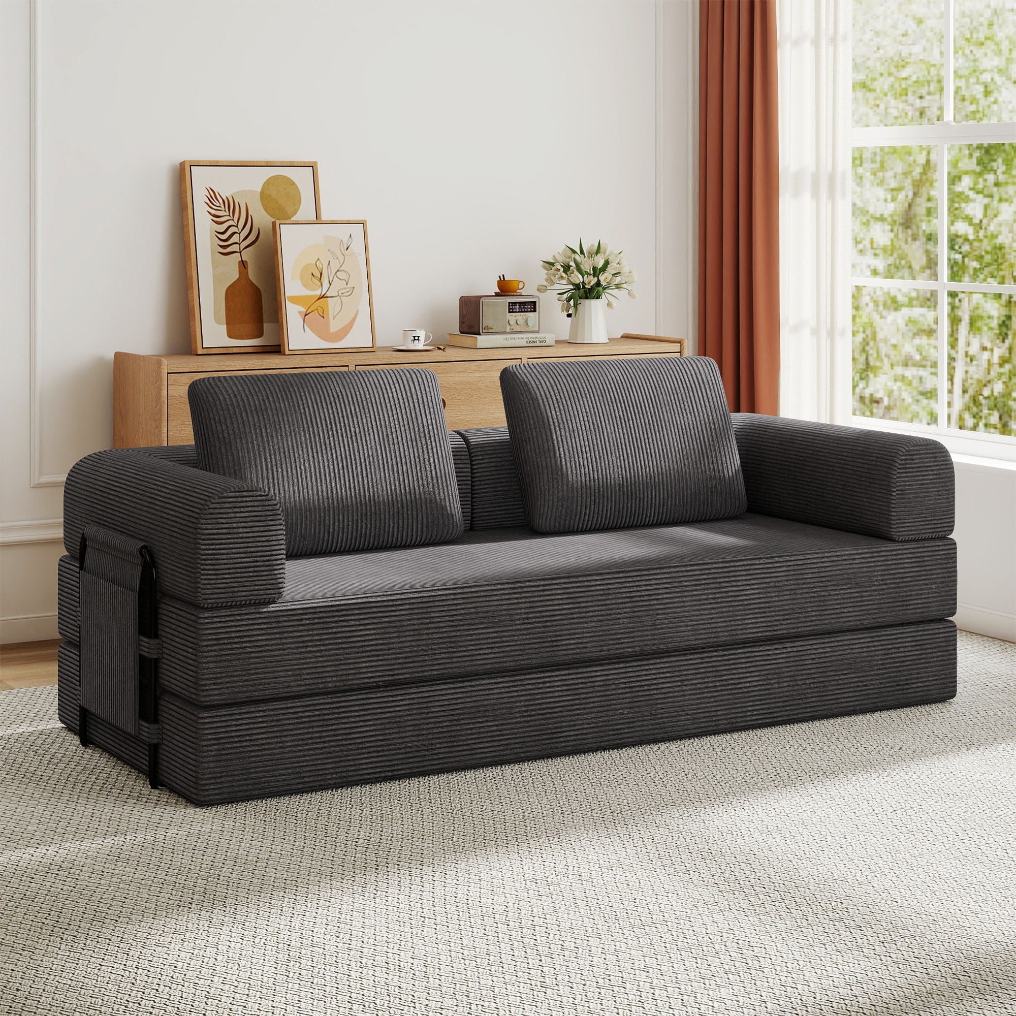 Convertible Sleeper Sofa Bed With Cylindrical Pillow