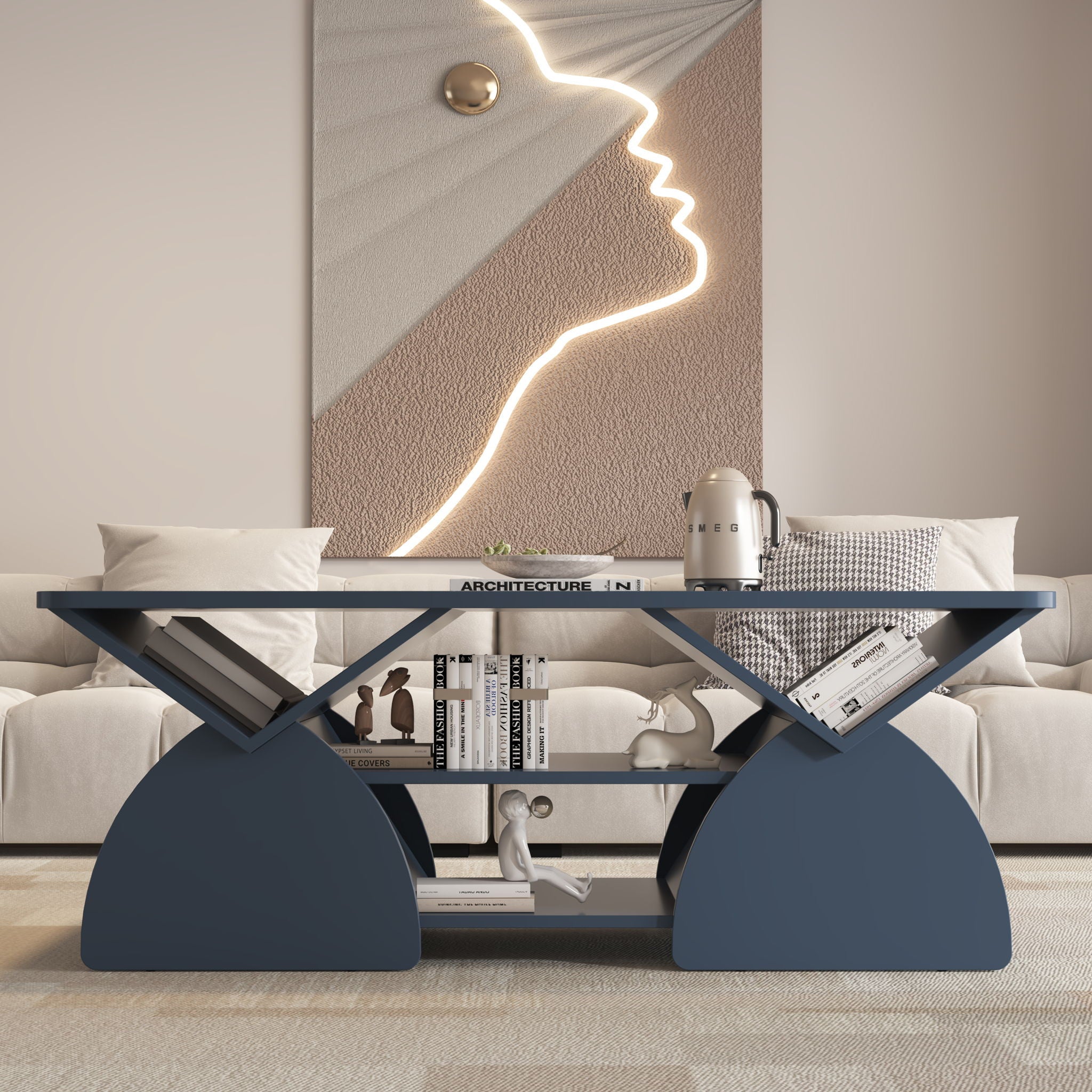 Geometric Engineered Coffee Table with Rounded Corners and Open Shelves