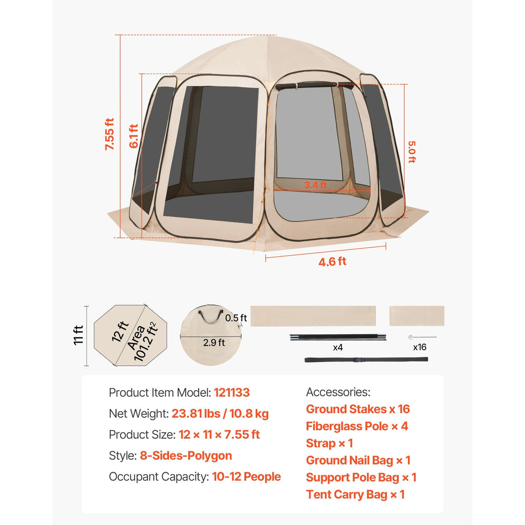 Screen House Tent, 12 x 11 ft, 10-12 Person Portable Canopy