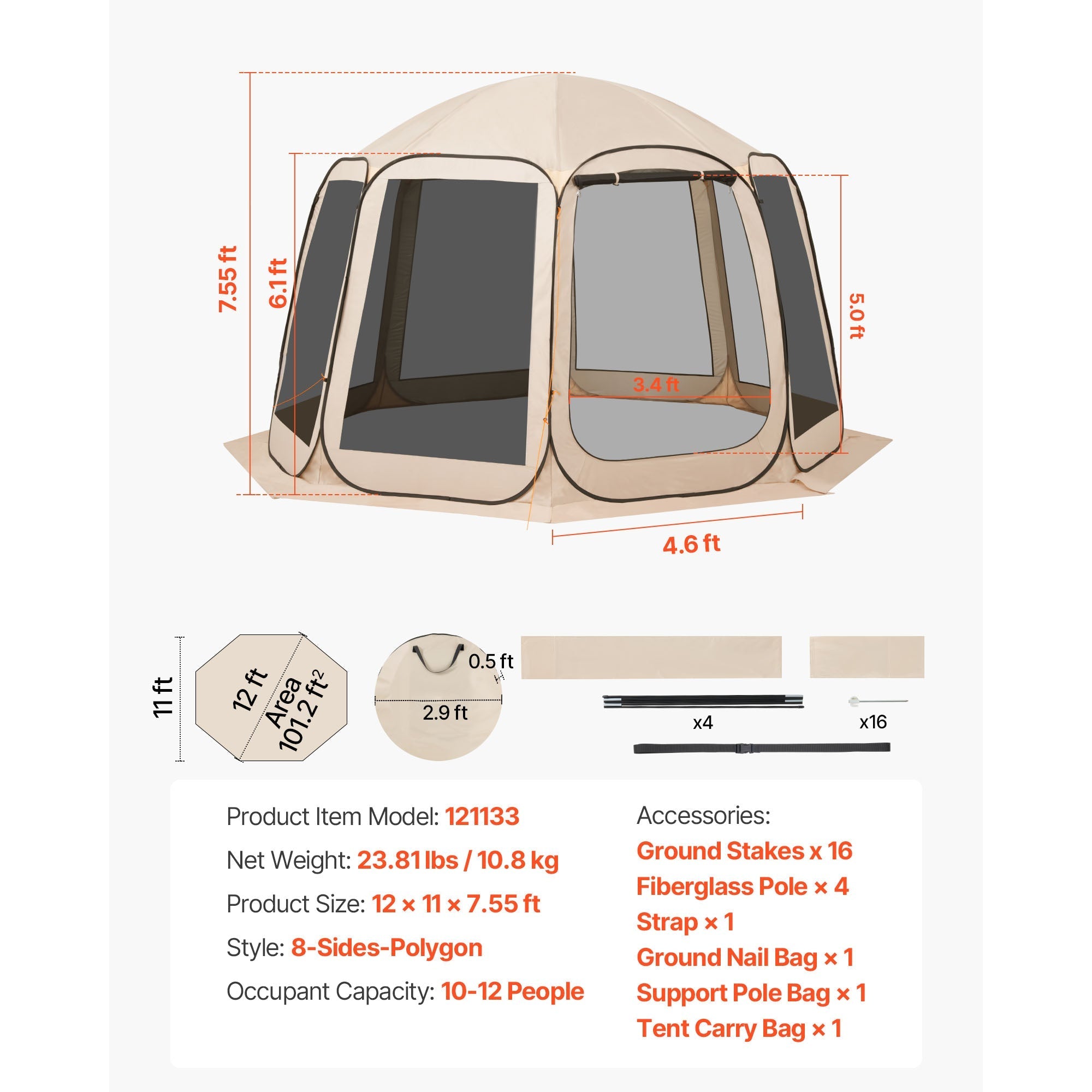 Screen House Tent, 12 x 11 ft, 10-12 Person Portable Canopy