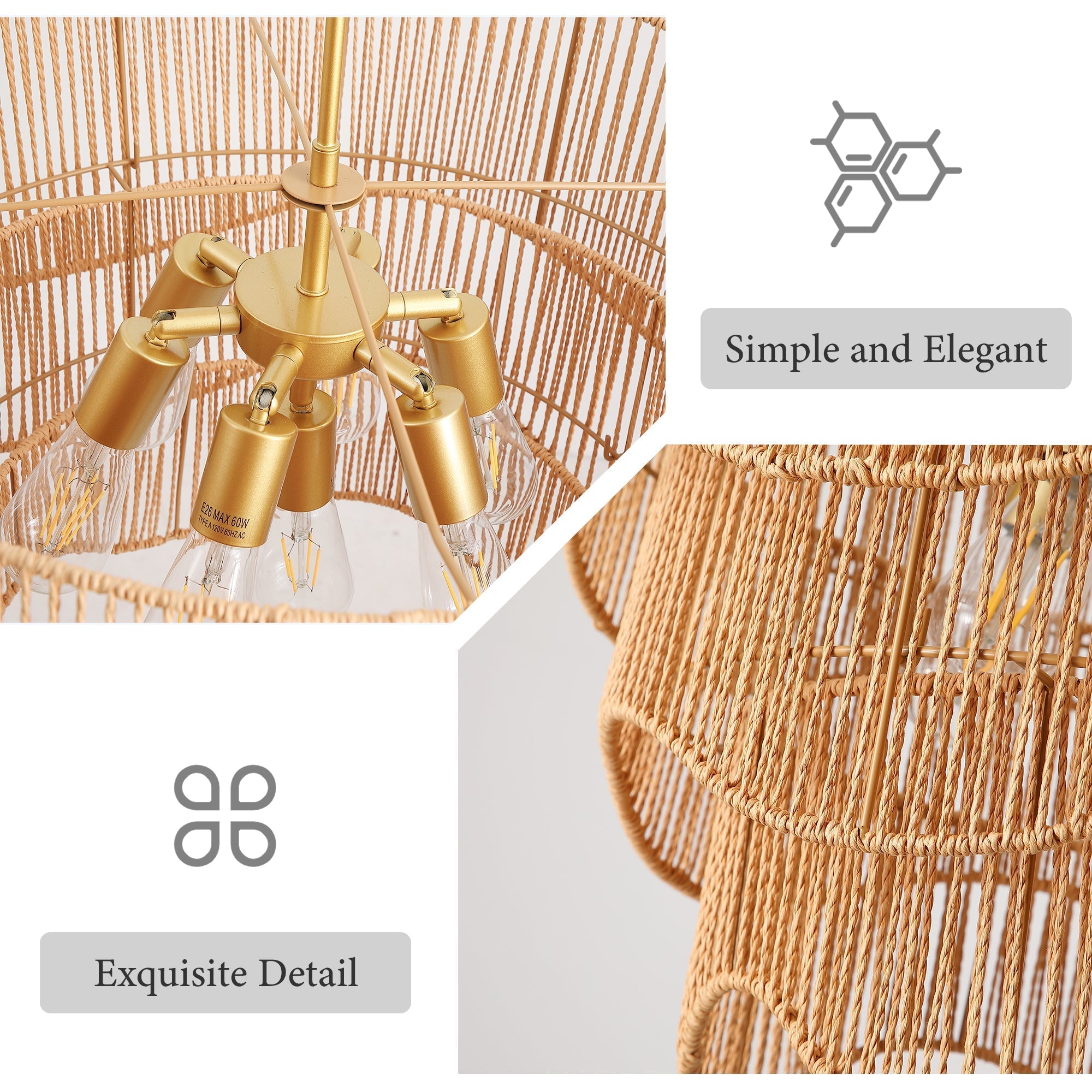 Handwoven Paper Rattan Boho Chandelier with 7-Light E26 Base