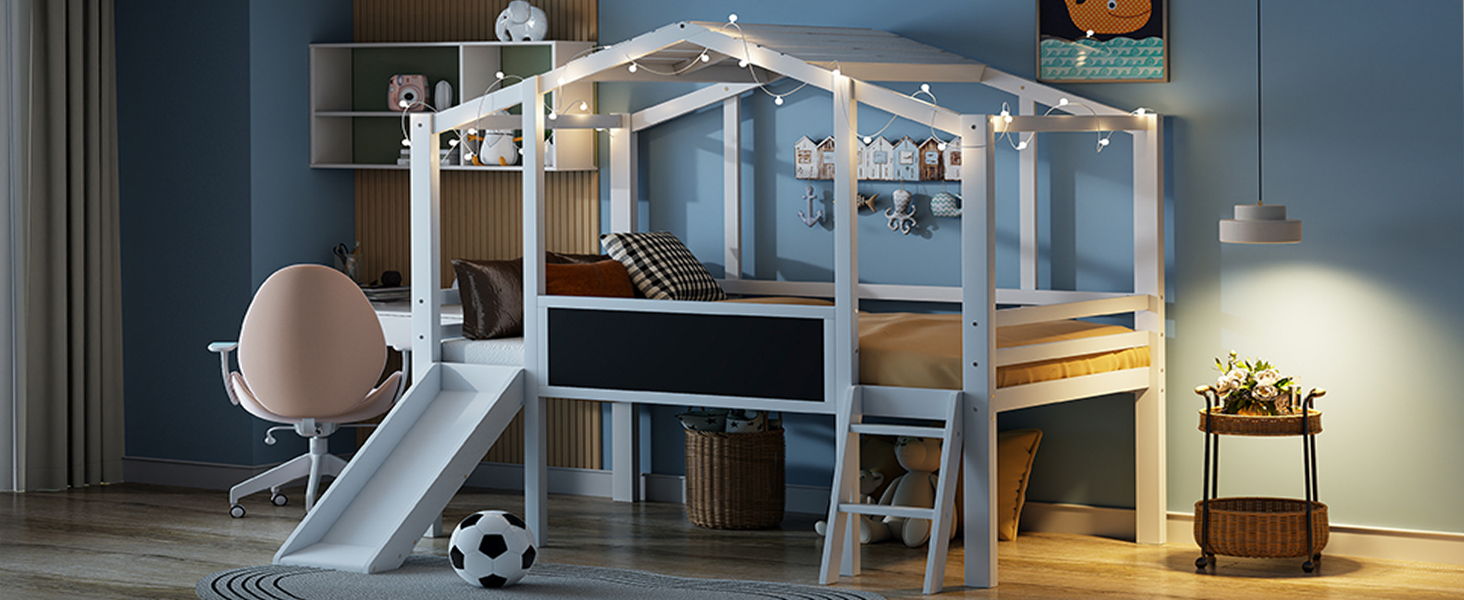 Loft House Bed With Ladder And Slide, With board And Light Strip On The Roof