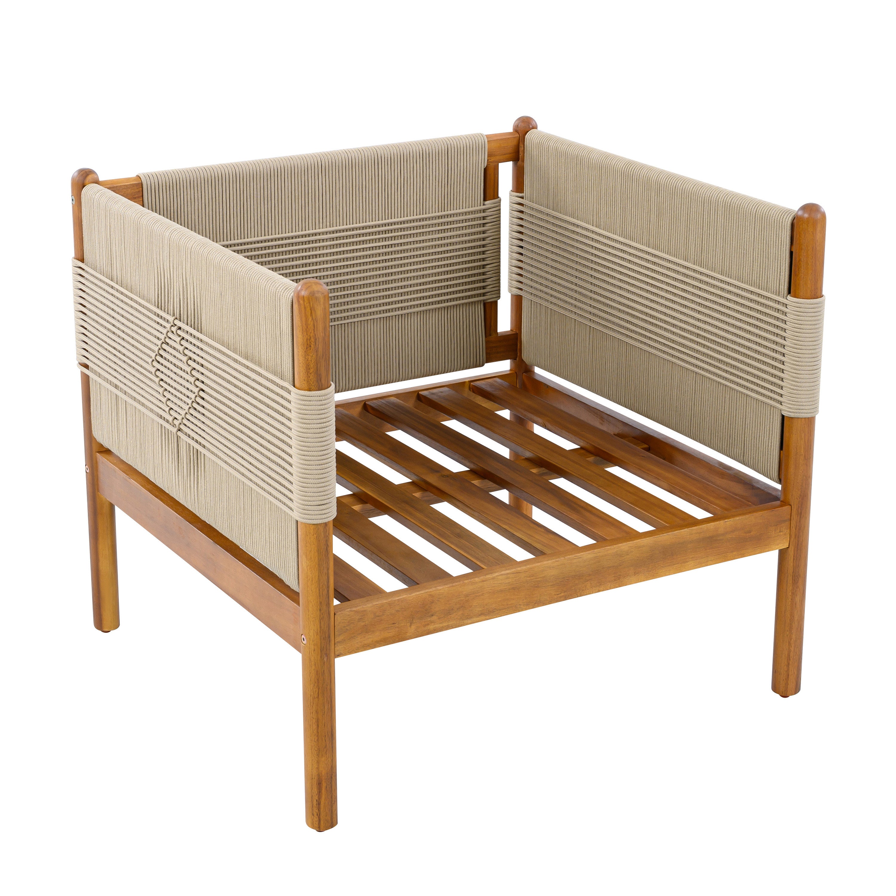 Outdoor Club Chairs (Set of 2) with Diamond-Pattern Beige Rope, Teak Finish