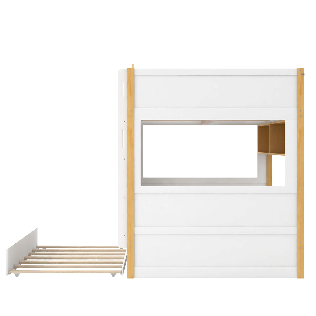 Full Over Full Bunk Bed With Storage Shelves And Trundle - White / Natural