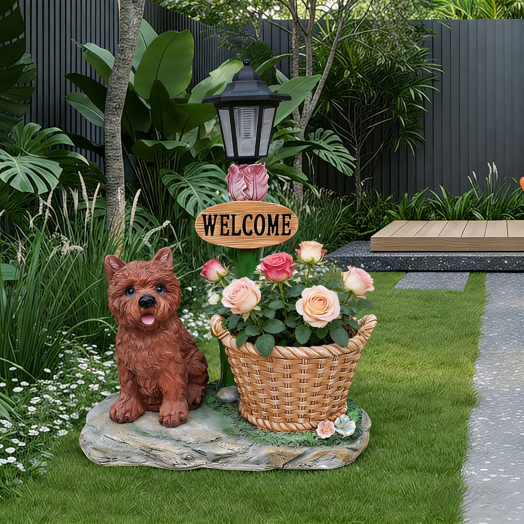 Sitting Puppy Solar Planter Outdoor Statue