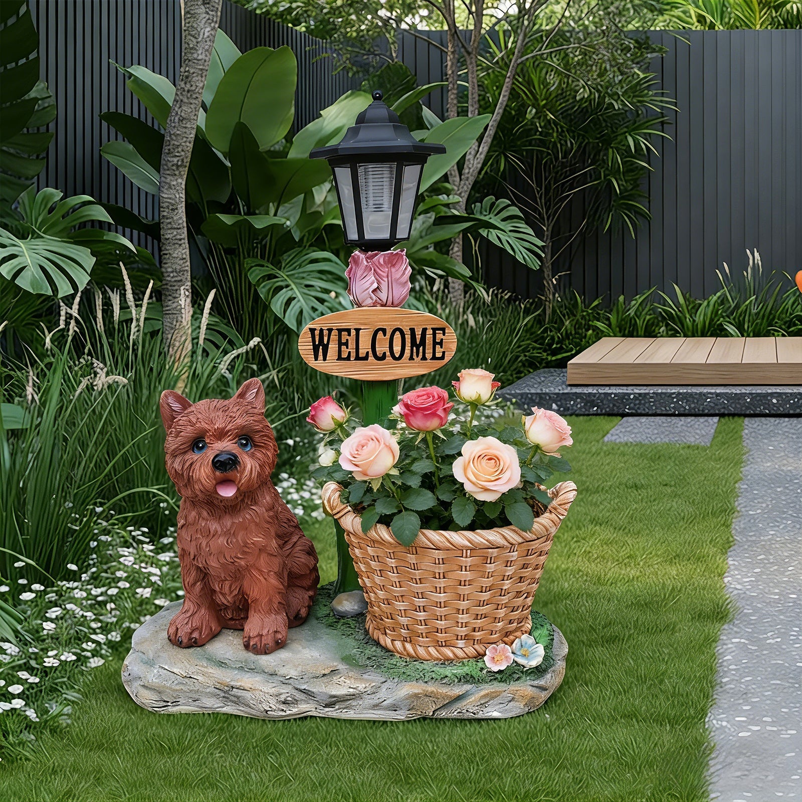 Sitting Puppy Solar Planter Outdoor Statue