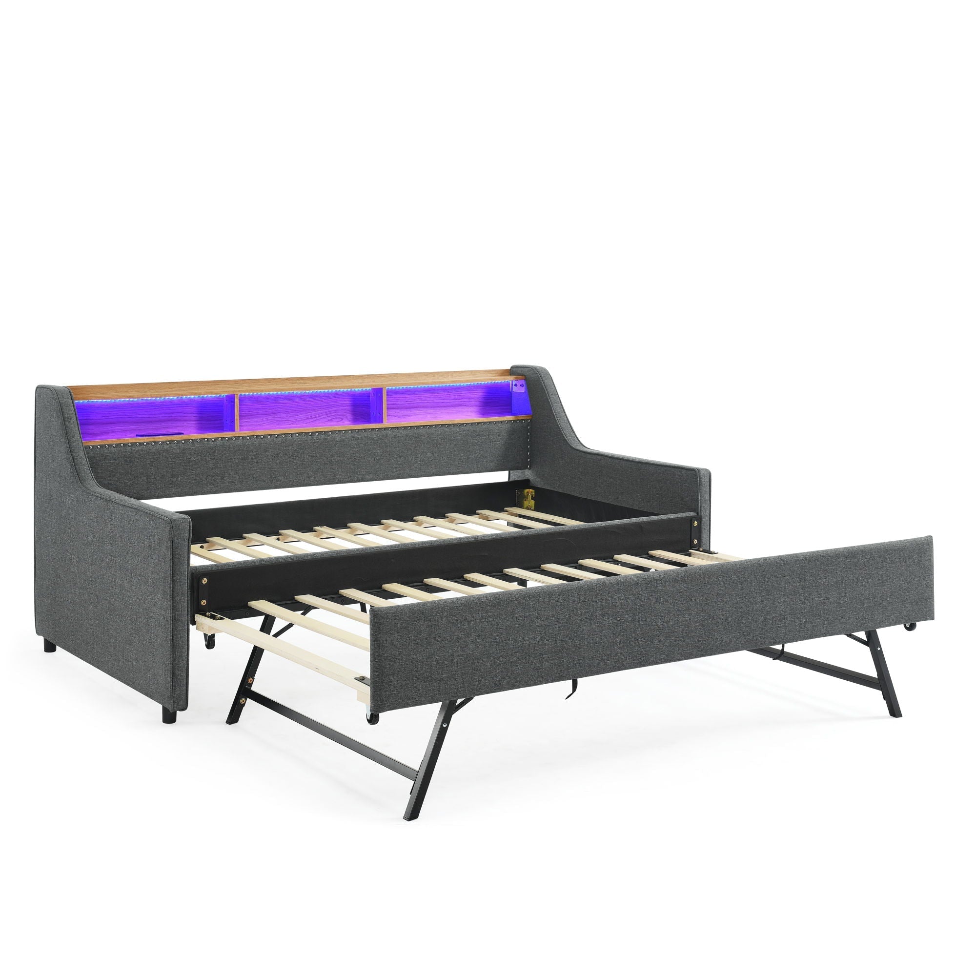 Upholstered Sofa Bed With LED Lights, Storage Headboard, Foldable Trundle & Wireless Charging