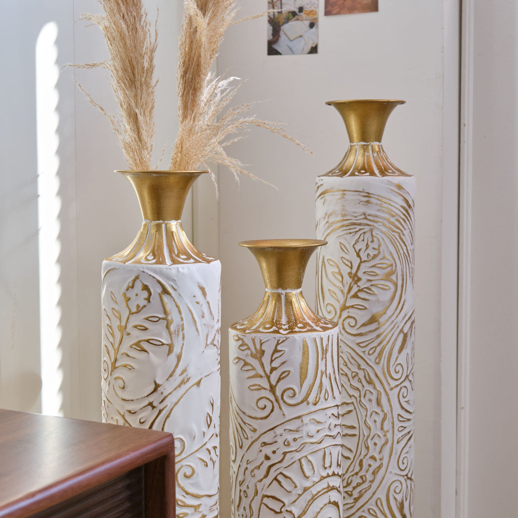 Floor Metal Vases Decorated Metal Vases (Set of 3) Gorgeous Home Decoration Large Glazed Metal Vases - White / Gold