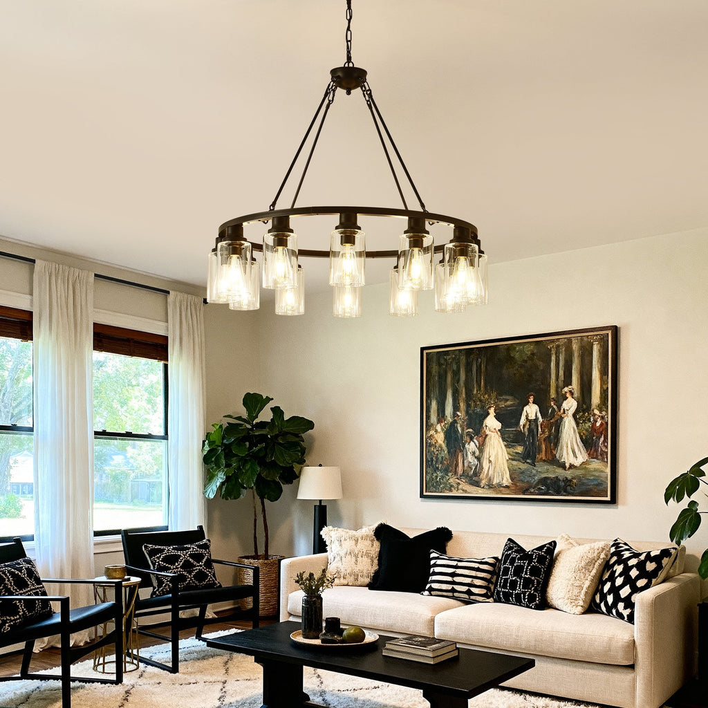 Black Wagon Wheel Chandelier 31.5 Inch Modern Farmhouse Pendant Light