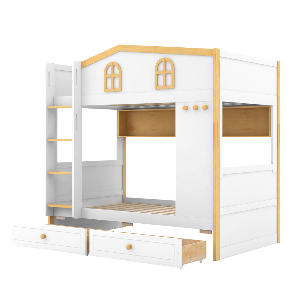 Twin Over Twin Bunk Bed With House Shaped Guardrails, Storage Shelves & Drawers - White / Natural