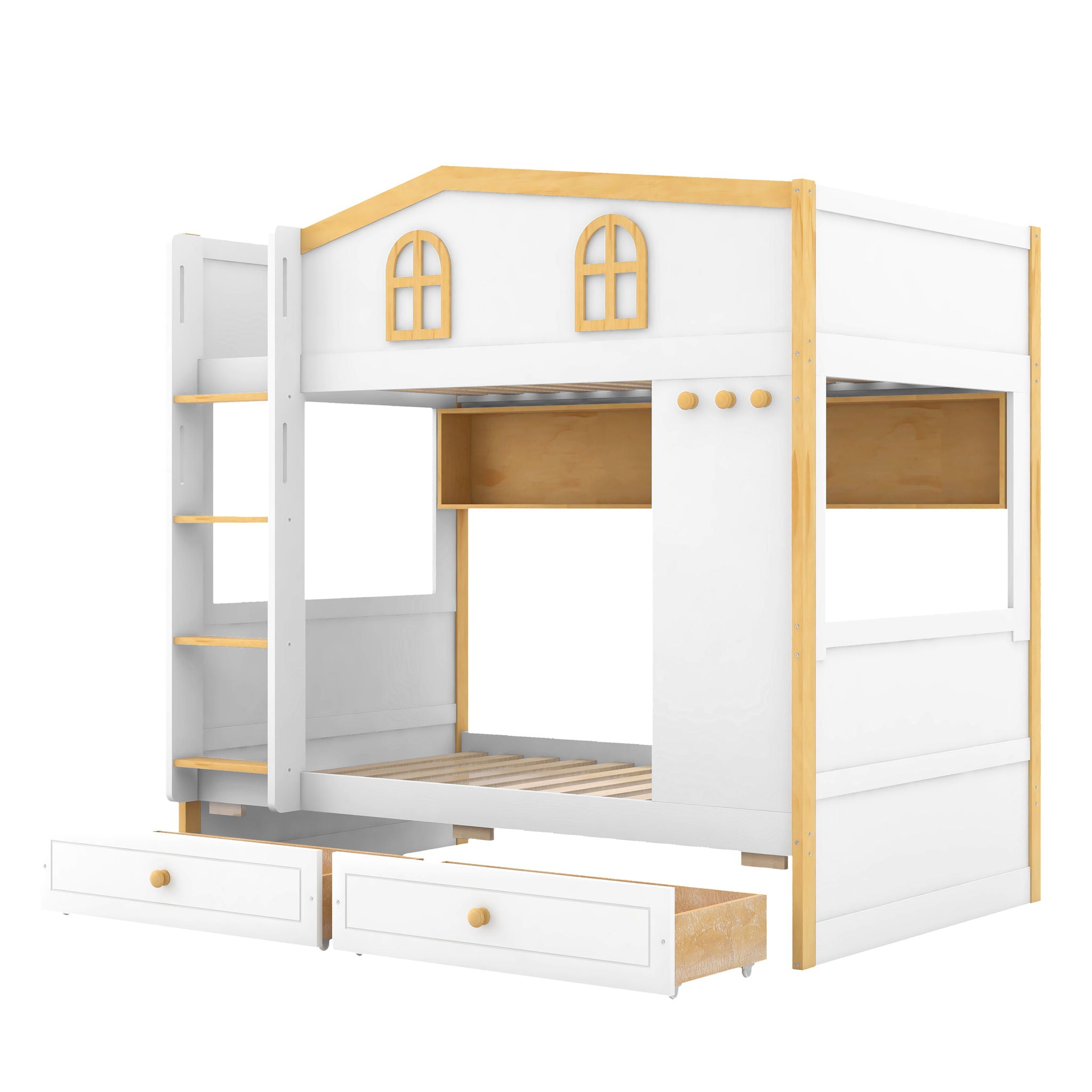 Twin Over Twin Bunk Bed With House Shaped Guardrails, Storage Shelves & Drawers - White / Natural