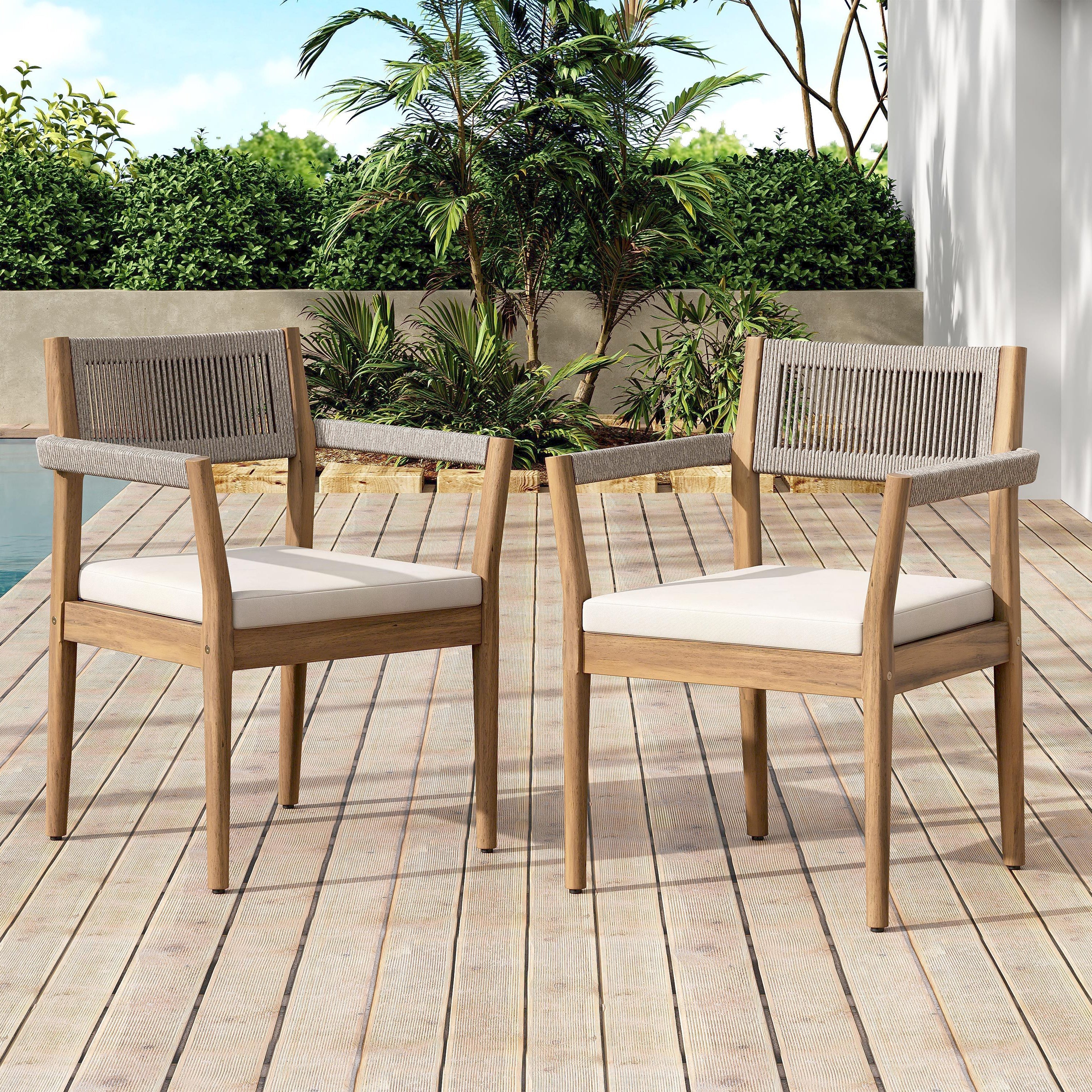 Braided Acacia Wood Outdoor Dining Chairs Set of 4 – Teak Look with Beige Rope & Cream Cushions