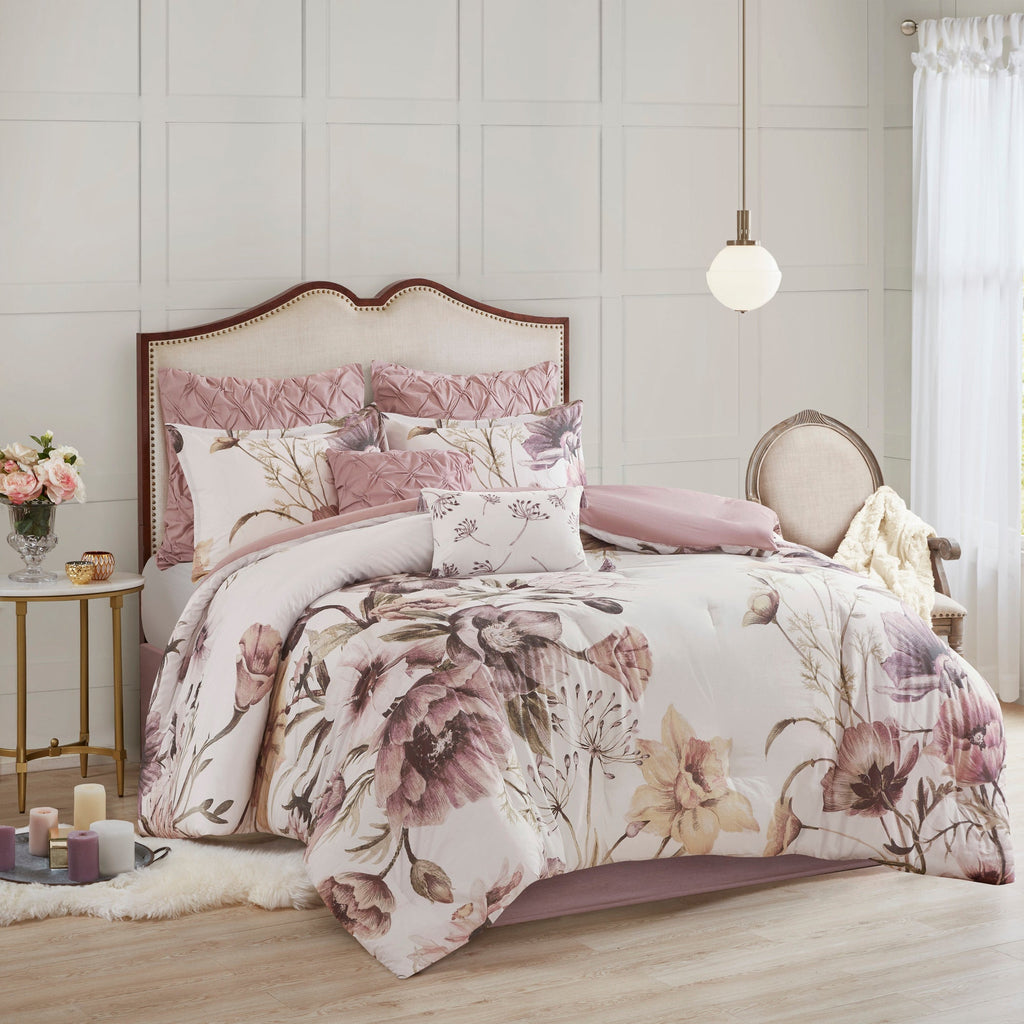 8 Piece Cotton Printed Comforter Set Blush California King