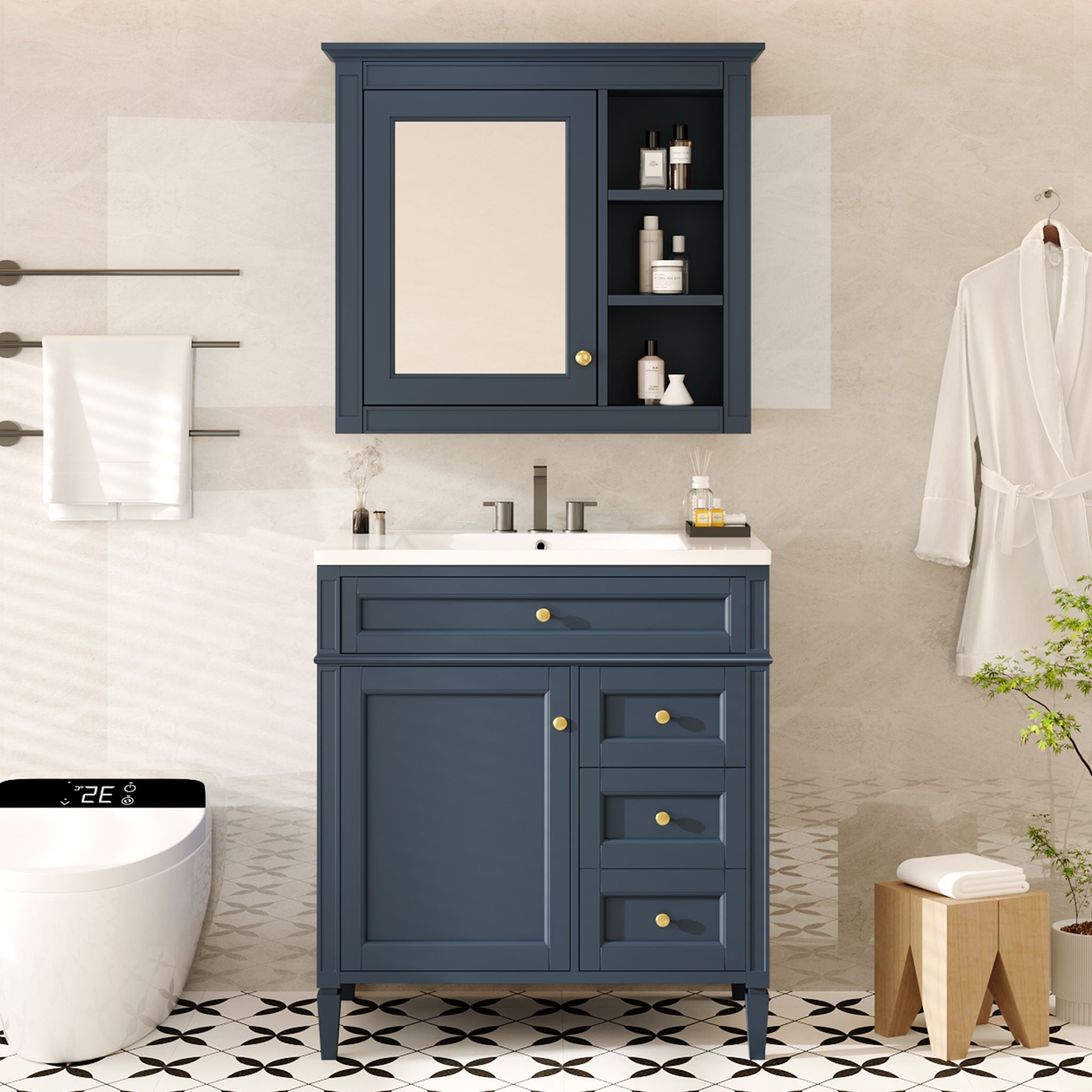 Bathroom Vanity With Top Sink, 2 Doors And 3 Drawers, Freestanding Set With Mirror Cabinet