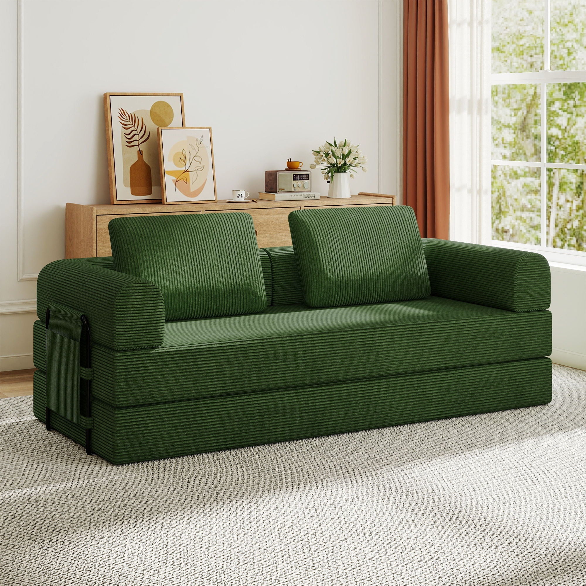 Convertible Sleeper Sofa Bed With Cylindrical Pillow