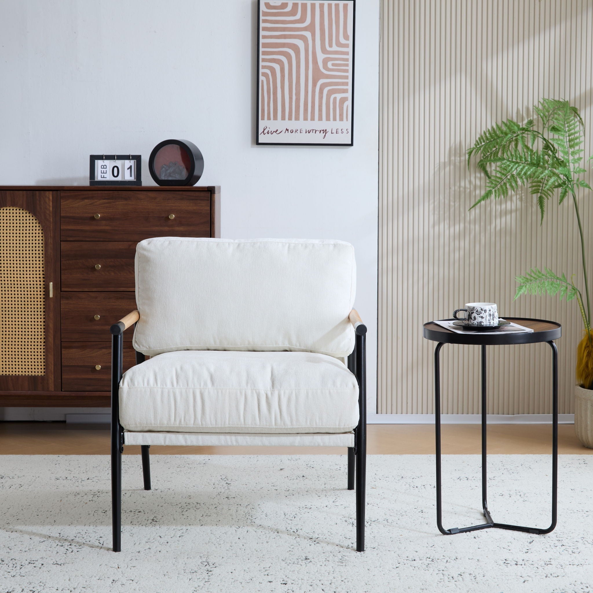 Modern Accent Chair With Plush Cushions and Wooden Armrests