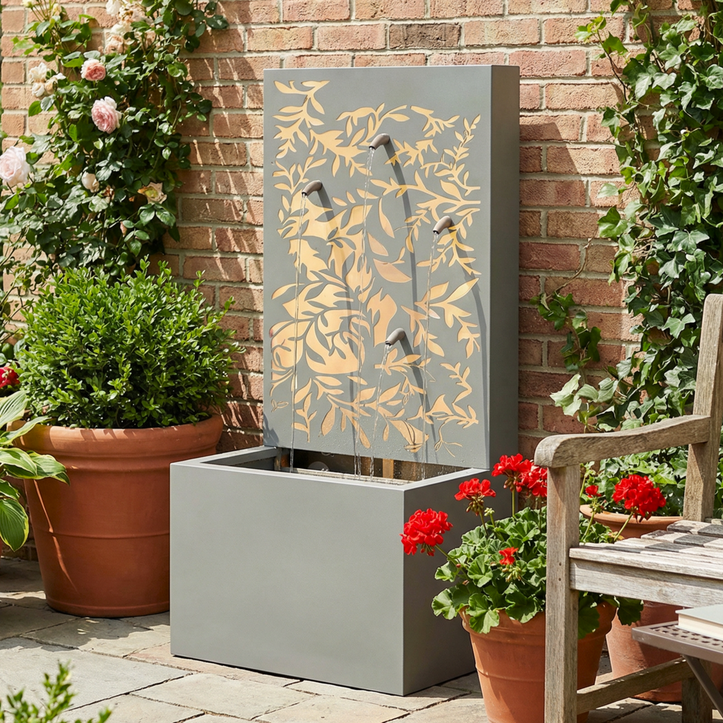 30.71' Light Gray Metal Leaf Cutout Outdoor Water Wall Fountain with LED Lights