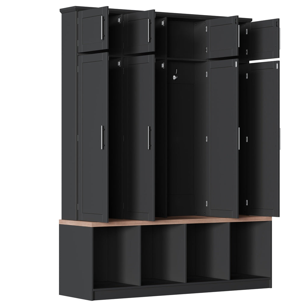 Farmhouse Hall Tree with 4 Hidden Hanging Hooks and Storage Bench