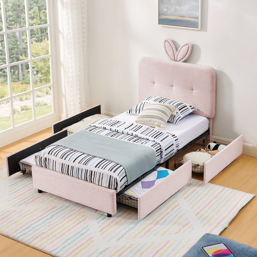 Twin Size Kids Upholstered Bed with Oversized Rabbit Ear Headboard