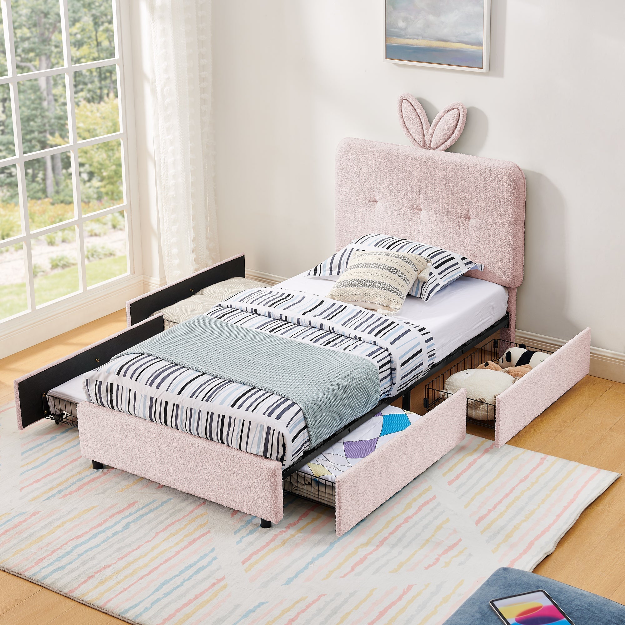 Twin Size Kids Upholstered Bed with Oversized Rabbit Ear Headboard