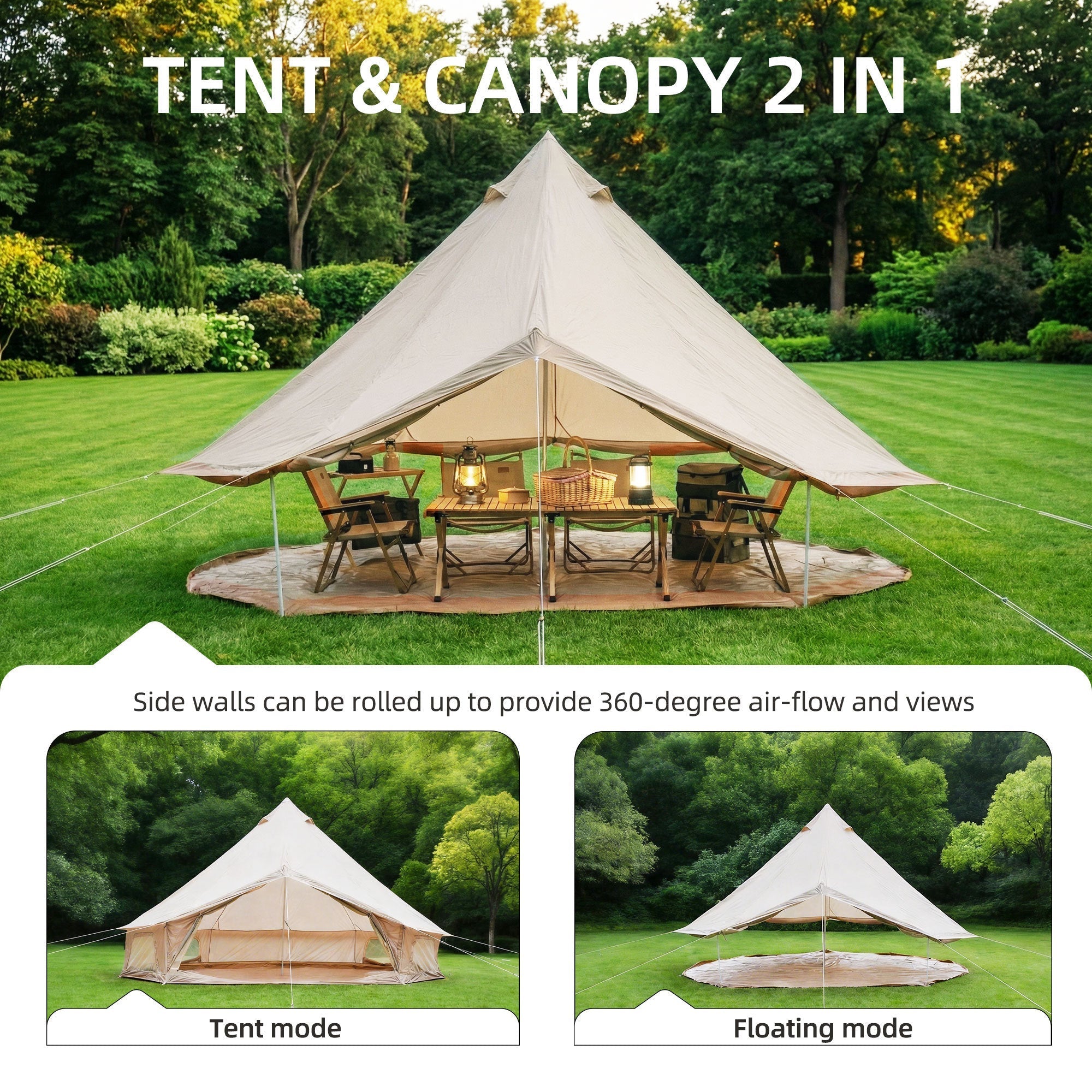4 Season Bell Tent 13.1FT, Beige Waterproof Glamping Yurt Tent