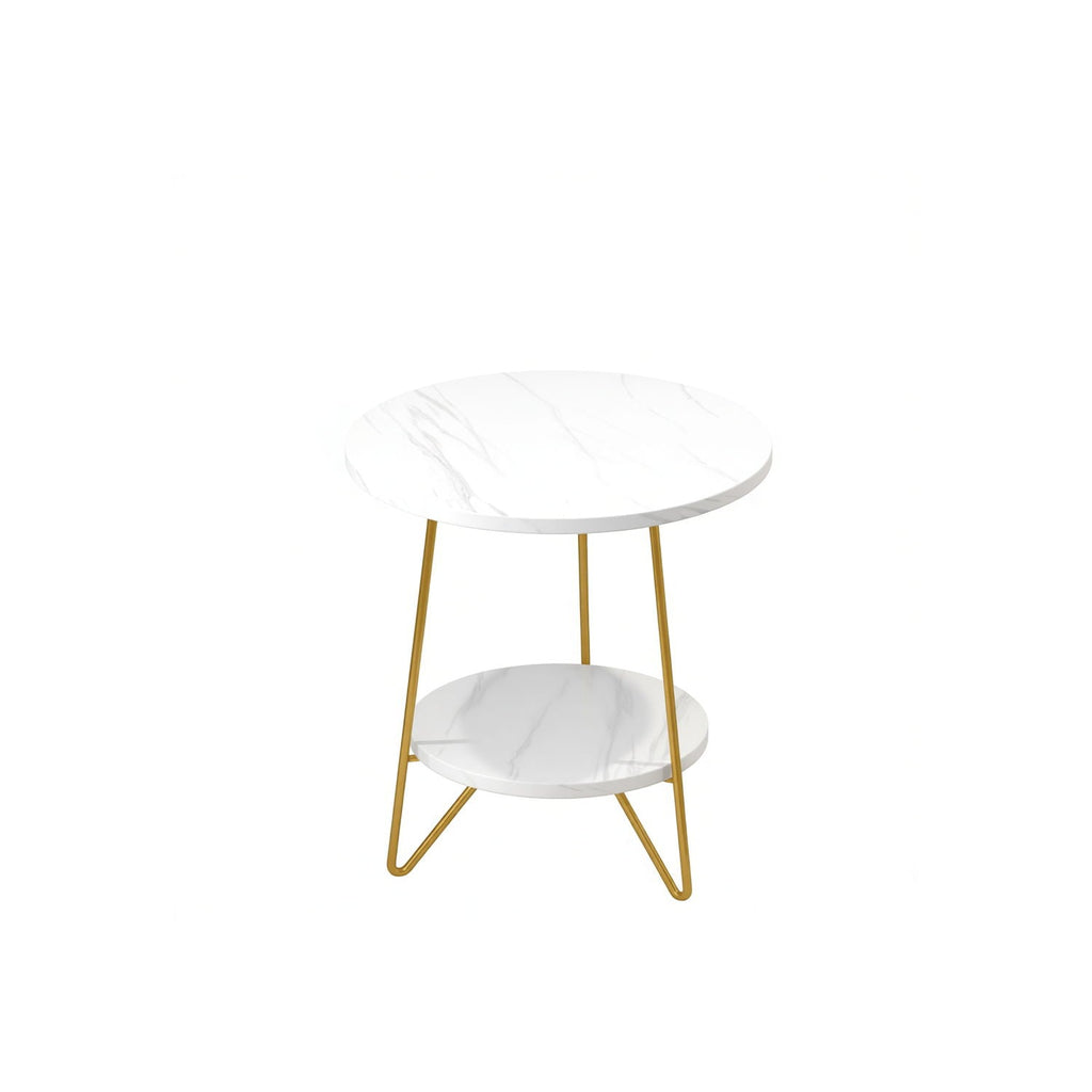 Round End Table With Hairpin Legs, 2 Tier For Living Room - White / Gold