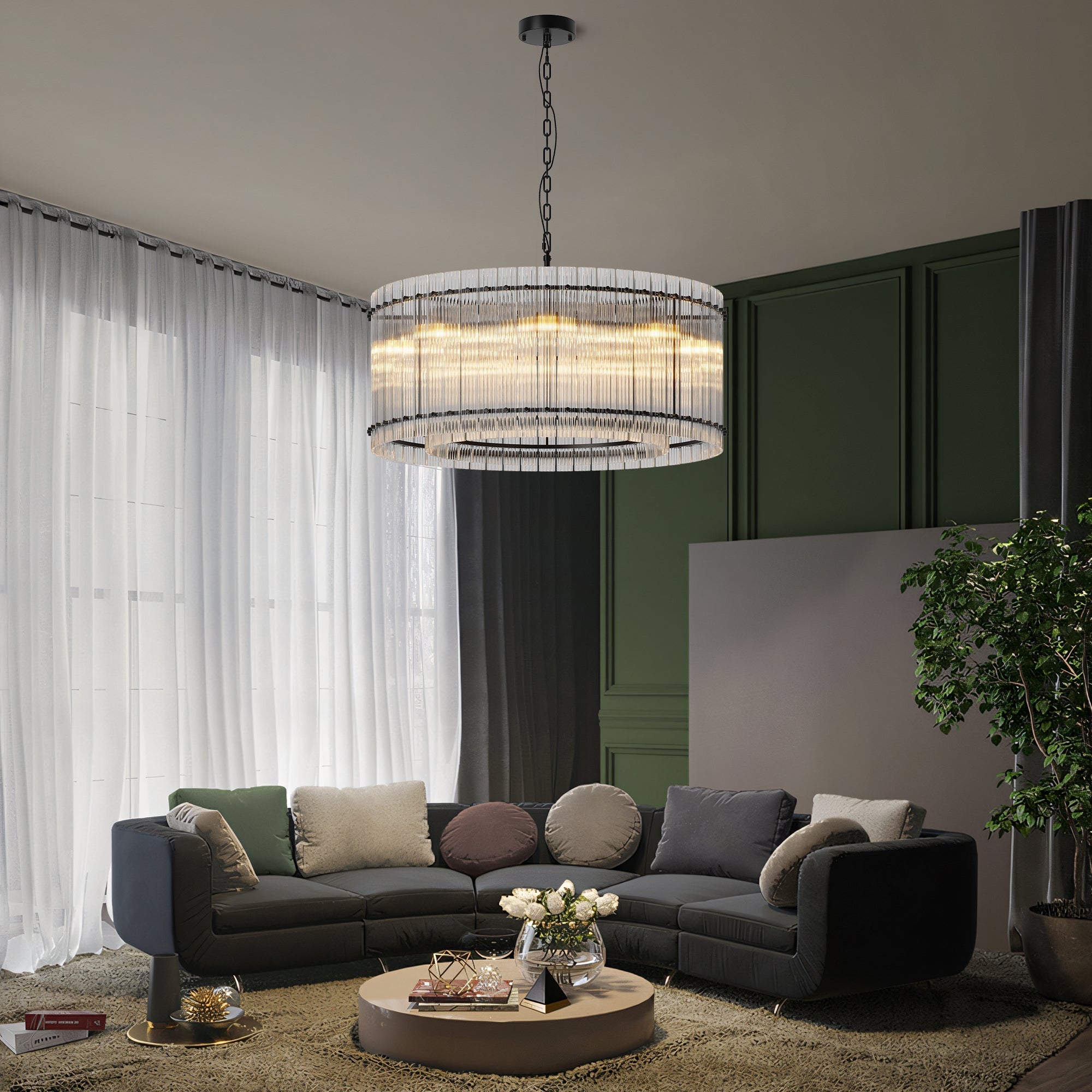 37-Inch Modern Black Round 8-Light Crystal Chandelier